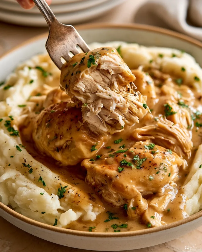 Crockpot Chicken and Gravy over Mashed Potatoes