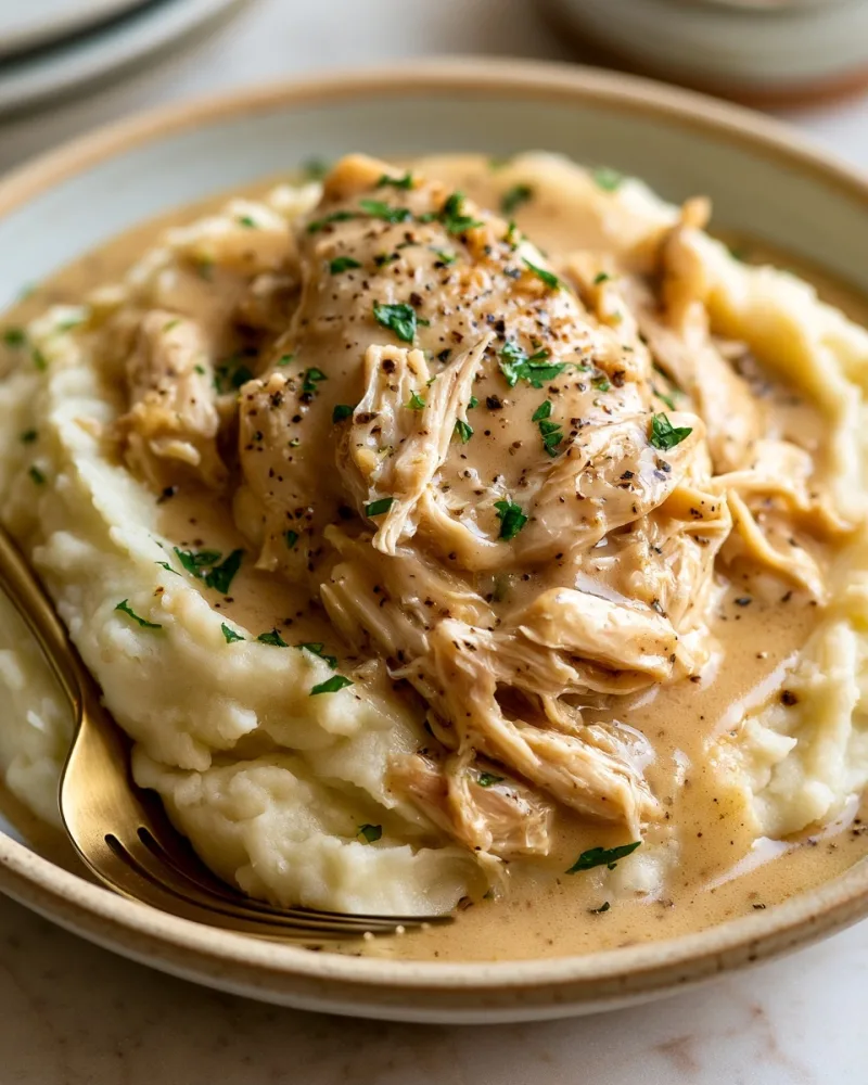 Crockpot Chicken and Gravy over Mashed Potatoes